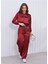 Kadın Beli Lastikli Crop Model Saten Bluz Bordo 1