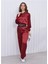 Kadın Beli Lastikli Crop Model Saten Bluz Bordo 2