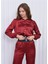 Kadın Beli Lastikli Crop Model Saten Bluz Bordo 5