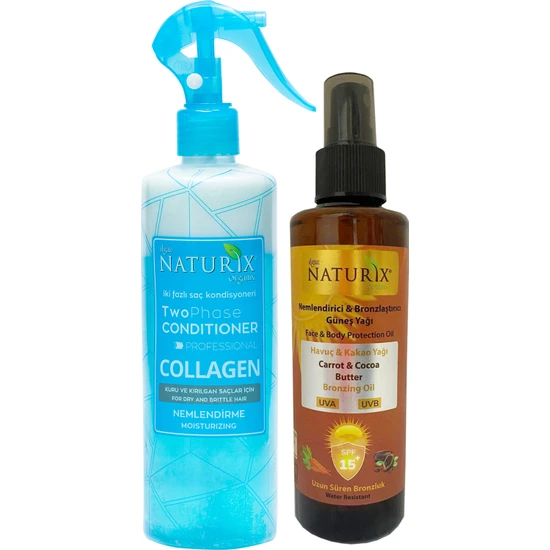 Naturix Kakao & Havuç Yağı Spf 15 Yoğun Bronzlaştırıcı Yağ 200 ml + Collagen Fön Suyu Sıvı Saç Kremi 400 ml