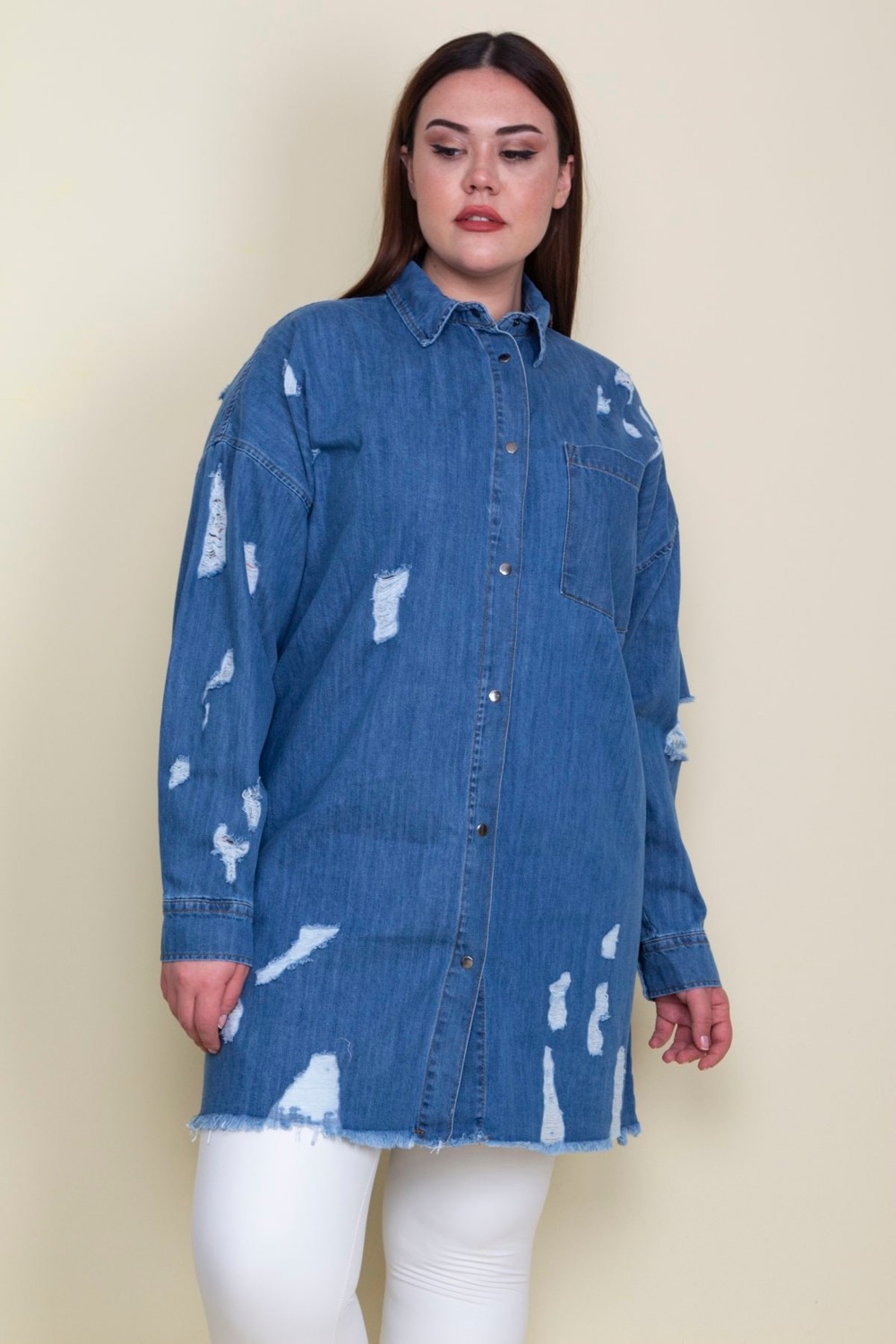 Şans Kadın Mavi Yırtık Detaylı Salaş Kesim Oversize Kot Tunik Ceket 65N28046 görsel 6