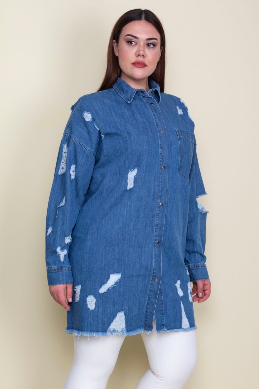 Şans Kadın Mavi Yırtık Detaylı Salaş Kesim Oversize Kot Tunik Ceket 65N28046 görsel 7