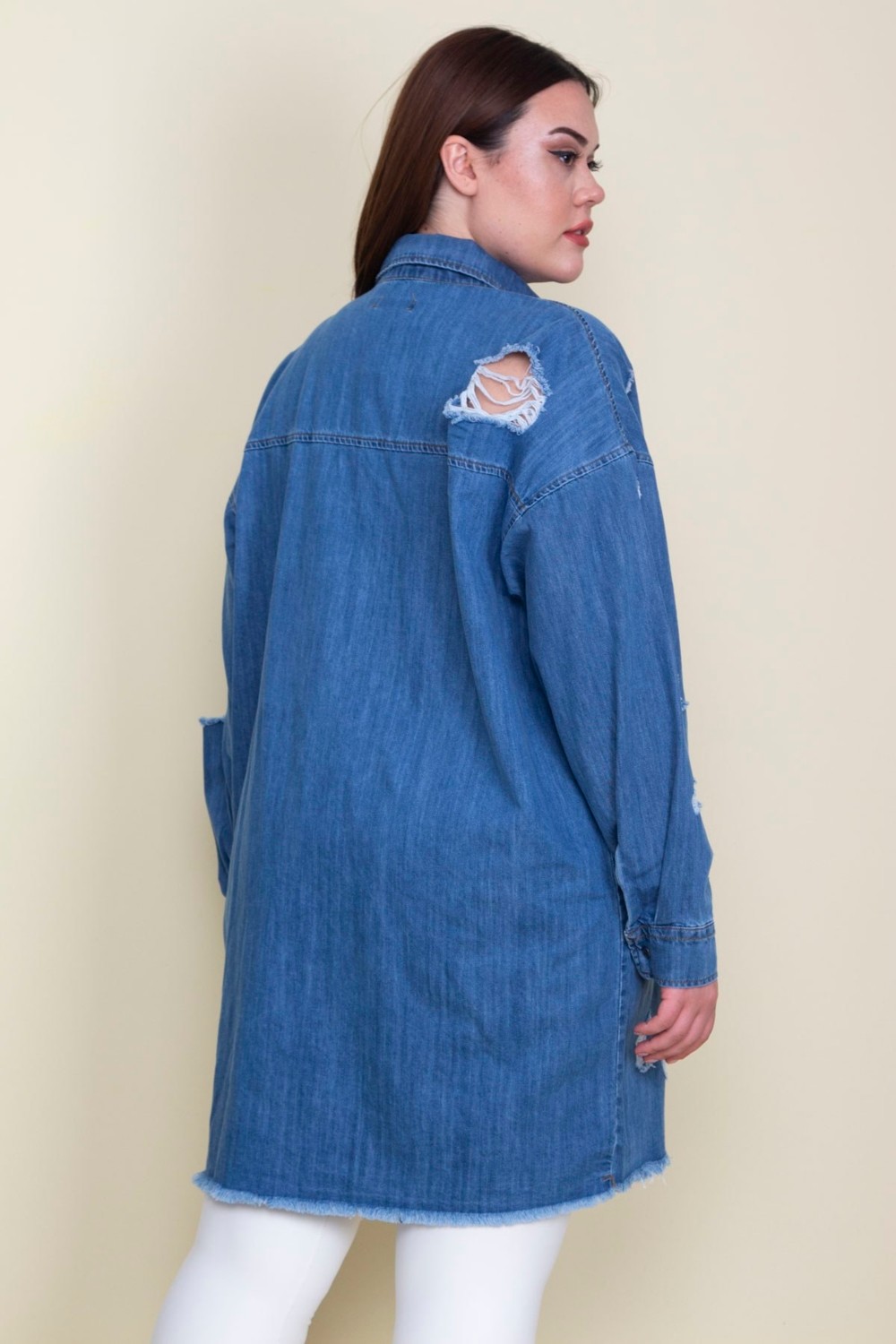 Şans Kadın Mavi Yırtık Detaylı Salaş Kesim Oversize Kot Tunik Ceket 65N28046 görsel 3