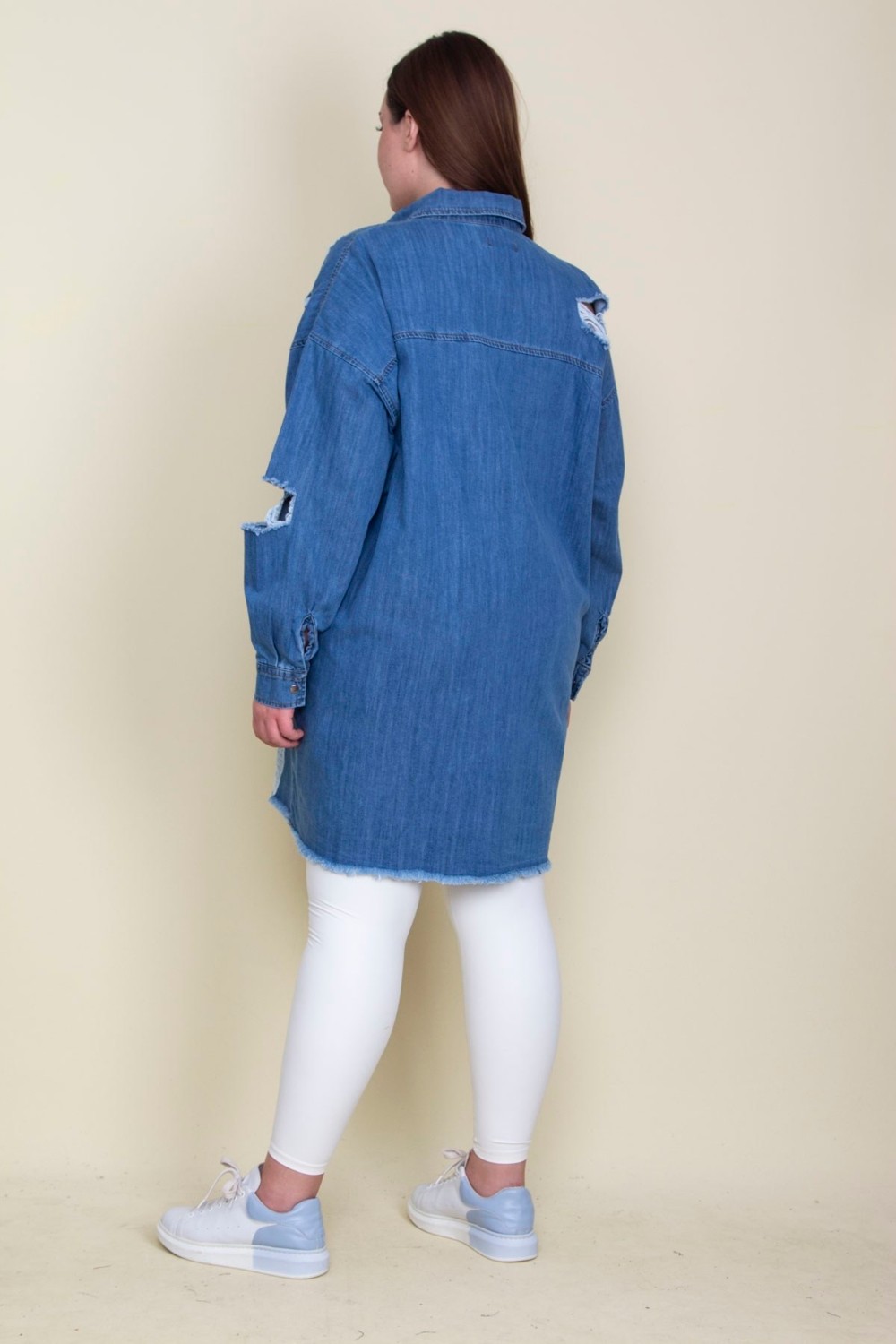 Şans Kadın Mavi Yırtık Detaylı Salaş Kesim Oversize Kot Tunik Ceket 65N28046 görsel 4