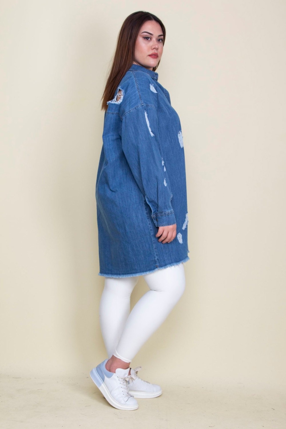 Şans Kadın Mavi Yırtık Detaylı Salaş Kesim Oversize Kot Tunik Ceket 65N28046 görsel 5