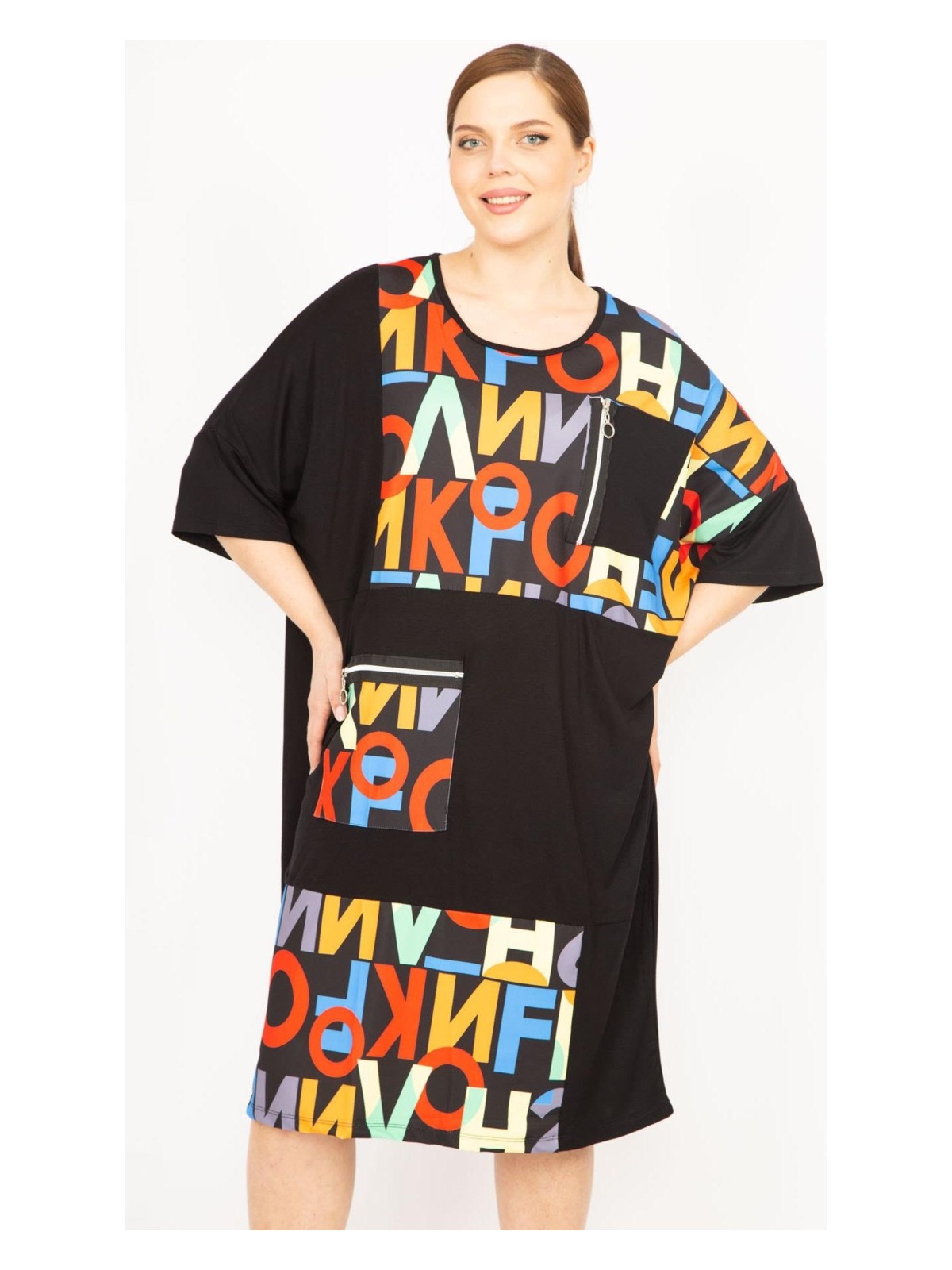 Şans Kadın Siyah Büyük Beden Dijital Baskı Ve Süs Fermuar Detaylı Elbise 65N35841