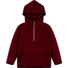 Çocuk Polar Yarım Fermuarlı Kapşonlu Kanguru Cep Sweatshirt Bordo Unisex