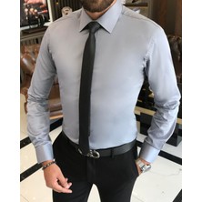 Terzi Adem İtalyan stil slim fit saten pamuk erkek kravat yaka gömlek Gri T9428