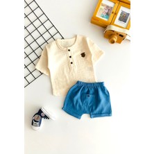 Derin Bebe Neşeli Bebekler Müslin Kumaş Kısa Kollu Cepli Şortlu Takım Mavi