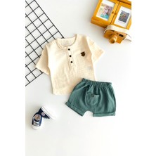 Derin Bebe Neşeli Bebekler Müslin Kumaş Kısa Kollu Cepli Şortlu Takım Yeşil