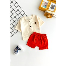 Derin Bebe Neşeli Bebekler Müslin Kumaş Kısa Kollu Cepli Şortlu Takım Kiremit