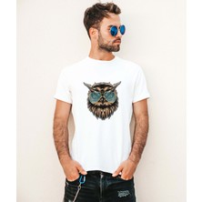 Mor Mürekkep Gözlüklü Baykuş Tasarım Baskılı Erkek Tshirt