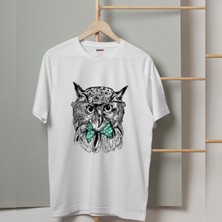 Mor Mürekkep Gözlüklü ve Mavi Papyonlu Baykuş Tasarım Baskılı Kadın Tshirt