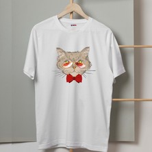 Mor Mürekkep Gözlüklü Kırmızı Papyonlu Kedi Tasarım Baskılı Erkek Tshirt