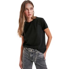 Mor Mürekkep Basic Bisiklet Yaka Siyah Kadın Tshirt