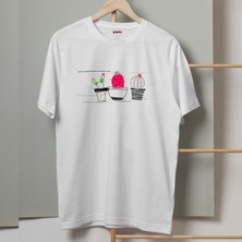 Mor Mürekkep Pembe Kaktüs Tasarım Baskılı Kadın Tshirt