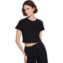 Mor Mürekkep Basic Bisiklet Yaka Siyah Crop