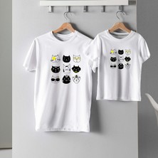 Mor Mürekkep 9 Lu Kediler Tasarım Baskılı Anne Kız Tshirt