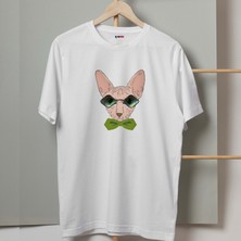 Mor Mürekkep Gözlüklü Yeşil Papyonlu Kedi Tasarım Baskılı Kadın Tshirt