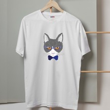 Mor Mürekkep Gözlüklü Mavi Papyonlu Kedi Tasarım Baskılı Kadın Tshirt