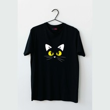 Mor Mürekkep Sarı Göz Kedi Tasarım Baskılı Kadın Tshirt