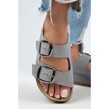 Manijero Irene Kadın Deri Çift Tokalı Koyu Gri - Gümüş Terlik