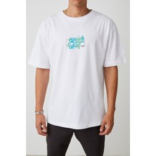 Unisex Never Quit Baskılı Beyaz Oversize T-Shirt