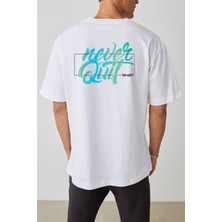 Unisex Never Quit Baskılı Beyaz Oversize T-Shirt