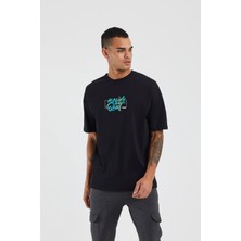 Unisex Never Quit Baskılı Siyah Oversize T-Shirt