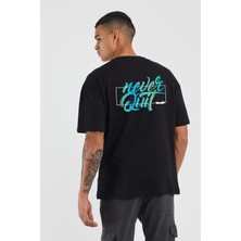 Unisex Never Quit Baskılı Siyah Oversize T-Shirt