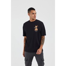 Erkek Samuray Cat Baskılı Siyah Oversize Tshirt