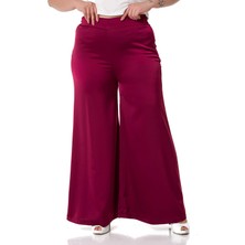 Disentis Modest Büyük Beden Geniş Paça Beli Arkadan Lastikli Saten Bordo Pantolon