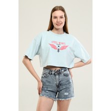 Owut Collection Buz Mavisi Baskı Detaylı Crop T-Shirt