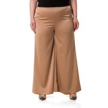 Disentis Modest Büyük Beden Geniş Paça Beli Arkadan Lastikli Saten Vizon Pantolon