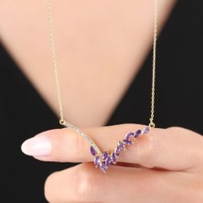Mia Vento Pırlanta Montür Ametist Markiz Efsanesi Gold Renk Flowers Gümüş Kolye