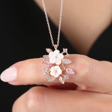Mia Vento Manolya Çiçeği Pink Taşlı Bahar Senfonisi Rose Renk Flowers Gümüş Kolye