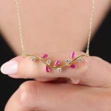 Mia Vento Pırlanta Montür Pink Taşlı Sevgi Yolu Gold Renk Flowers Gümüş Kolye