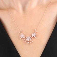 Mia Vento Pırlanta Montür Işıltılı Gül Rüyası Rose Renk Flowers Gümüş Kolye