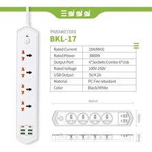 Teknomila 6 Usb'li 4'lü Çoklu Priz 2 M Kablolu Akım Korumalı Anahtarlı Uzatma Grup Priz 3000W 2 Typec Siyah