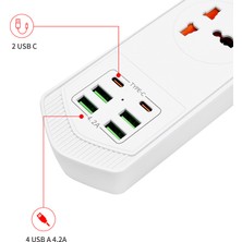 Teknomila 6 Usb'li 4'lü Çoklu Priz 2 M Kablolu Akım Korumalı Anahtarlı Uzatma Grup Priz 3000W 2 Typec Siyah