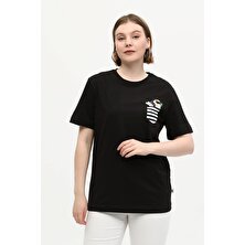 Owut Collection Siyah %100 Pamuk Bisiklet Yaka Baskılı Normal Kalıp Örme T-Shirt