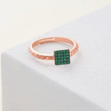İpek Silver 925 Ayar Zirkon Taş Kare Ayarlanabilir Gümüş Yüzük Rose