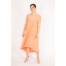 Şans Kadın Somon Büyük Beden Bisiklet Yakalı Kısa Kol Arkası Uzun Elbise