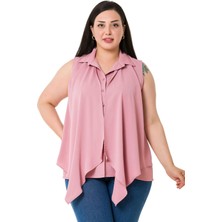 Büyük Beden Önü Çift Kat Kolsuz Pilikaşe Detaylı Gül Kurusu Gömlek