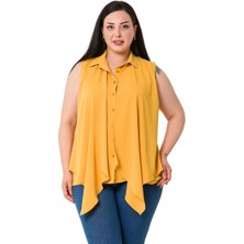 Büyük Beden Önü Çift Kat Kolsuz Pilikaşe Detaylı Hardal Gömlek