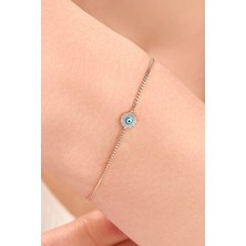TMT Silver Gümüş Rose Kaplama Turkuaz Göz Nazar Boncuğu Zirkon Taşlı Gurmet Zincir Bileklik