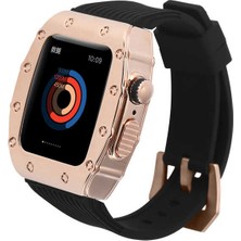 Teknocover Apple Watch 7 45MM Kordon Metal Çerçeve Korumalı Silikon Kordon Krd-65 (Siyah-Rose Gold)