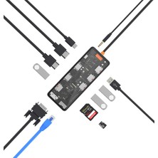 Wiwu CB012 Cyber 12 In 1 Type-C Hub 100W Şarj Destekli Şeffaf Sd KART-RJ45-HDMI-VGA-USB Çoğaltıcı