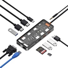 Wiwu CB012 Cyber 12 In 1 Type-C Hub 100W Şarj Destekli Şeffaf Sd KART-RJ45-HDMI-VGA-USB Çoğaltıcı