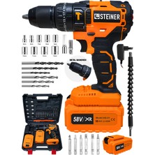 Steiner Alman 58 V 10 Ah 13 mm Çelik Mandren Darbeli Metal Şanzuman Şarjlı Çift Akülü Vidalama Matkap Turuncu